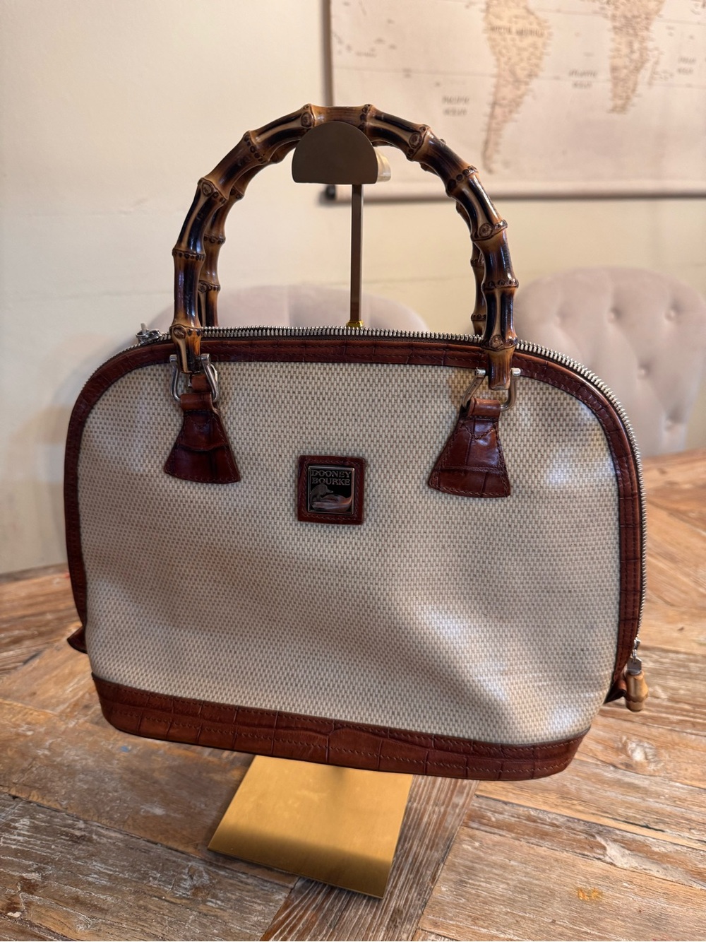Dooney & Bourke Cream and Brown Bamboo-Handle Panama Satchel Collection